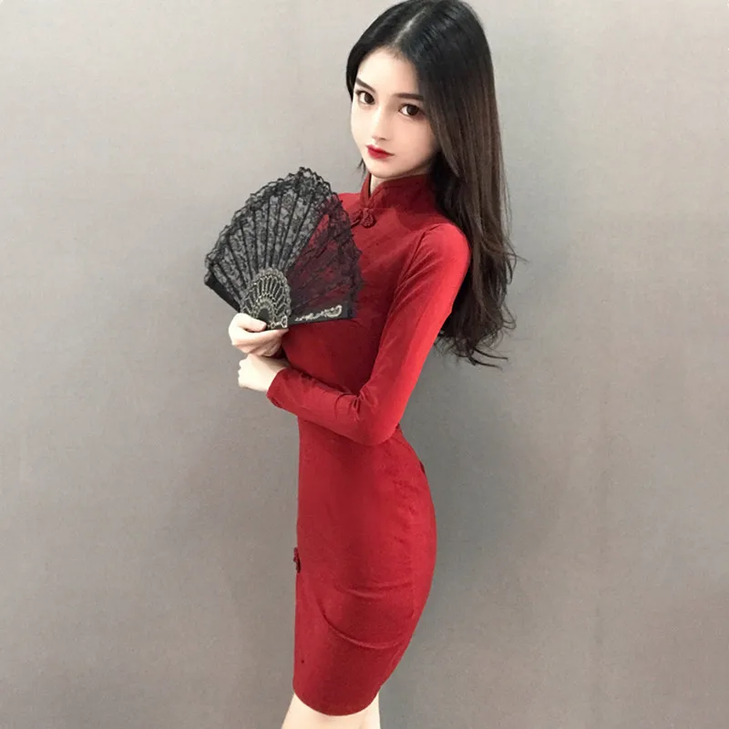 Model pravi strel 2020 spomladi in jeseni novi Kitajski retro slogu dolgo sleeved izboljšano cheongsam pasu hujšanje seksi obleko