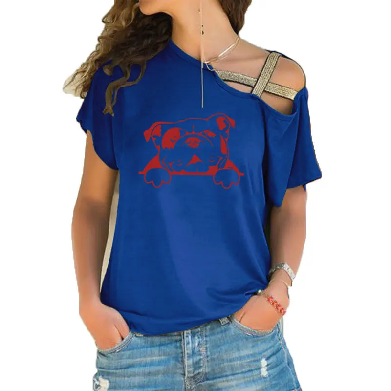 Nov angleški Buldog Majica s kratkimi rokavi Ženske Bombaža, Kratek Rokav Dekleta Tshirt Pet Pes Buldog T-shirt Nezakonitih Skew Križ Povoj Tee