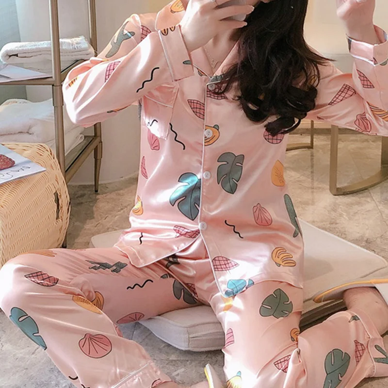 2020 Ženske, Homewear Oeak Dolg Rokav Pižamo Jeseni Ledu Svile Dolg Rokav Risanka Tiskanja Hlače Obleko Tiskanje Moda