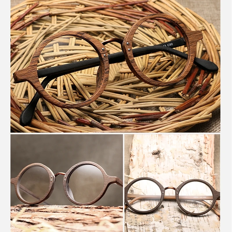 HDCRAFTER Vintage Retro Okrogle Očala Okvirji Lesa Recept Kratkovidnost Očala Z Jasno Objektiv Lesene Obravnavi Očala Okvir