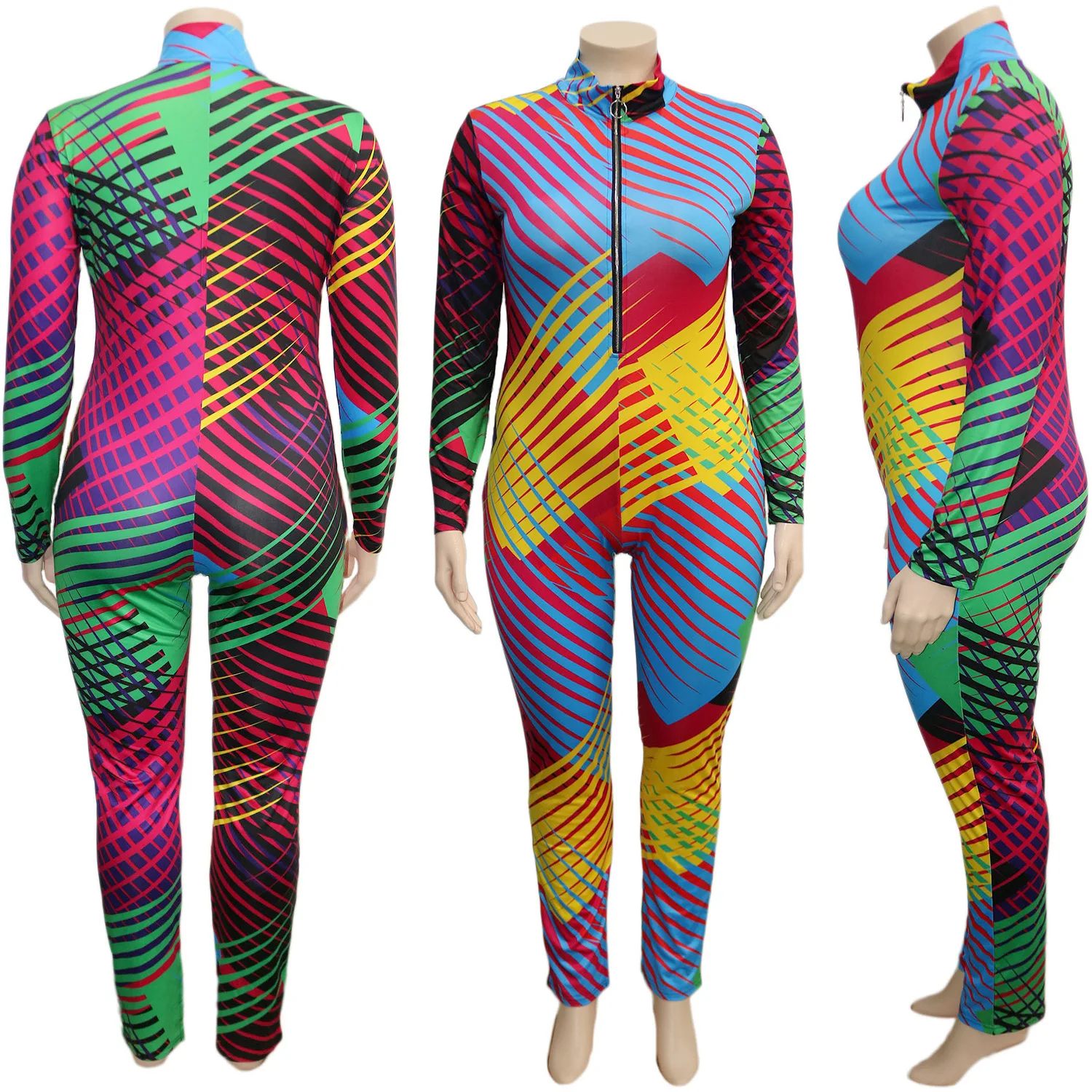Plus Velikost Ena Kos Dolgimi Rokavi Jumpsuit 2020 Ženske Oblačila Geometrijske Print Multi-color Zadrgo Turtleneck Suh Dolgo Jumpsuit