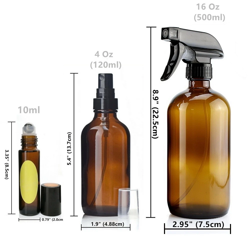 12 Pack Oranžna Stekla Spray Steklenico s 6-10 ml Roll na Steklenice 4-120ml in 2-Razpršilec 500 ml Steklenice in Oprema za Eterična olja