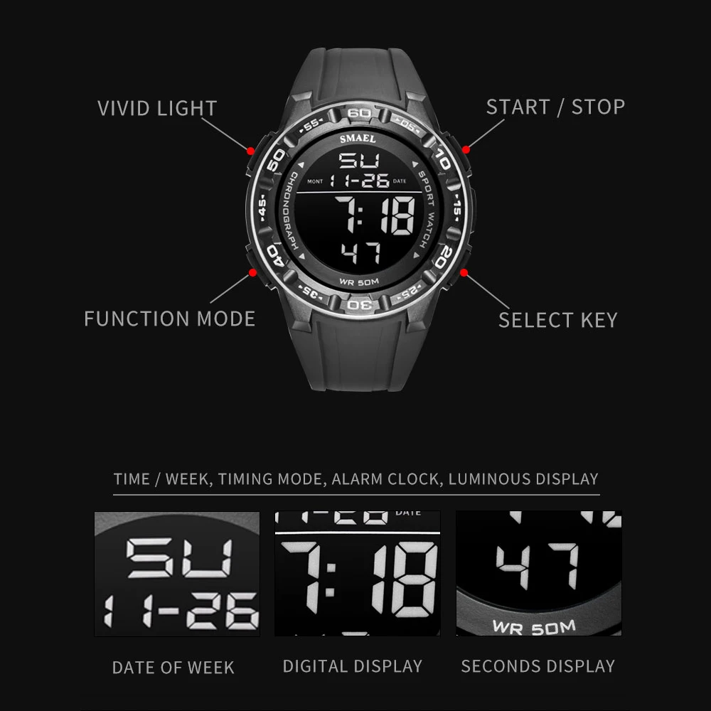Digitalne Ure Šport Šok vodoodporna Watch SMAEL Svetlobna Štoparice reloj hombre 1508 Mens Ure Vojaške Ure