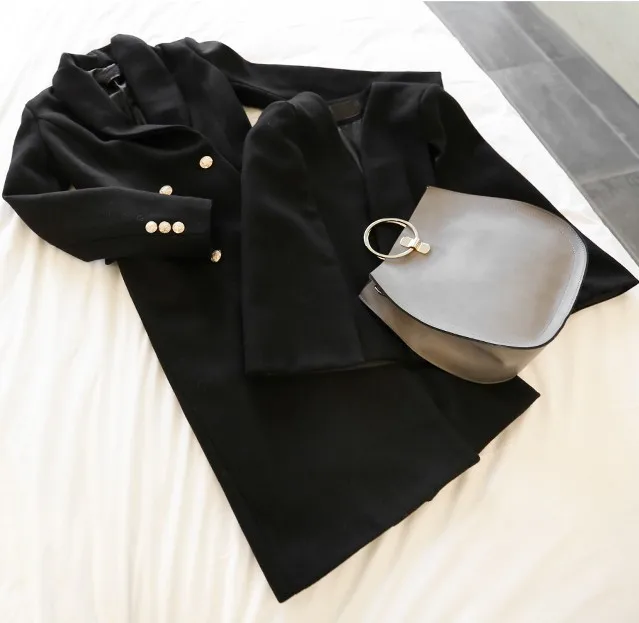 2020 Nove Zimske Ženske Črna Tweed Vrhnja Oblačila Modni Dvojno Zapenjanje Dolg Rokav Cape 2 Kos Znižuj Ovratnik Volna Plašč