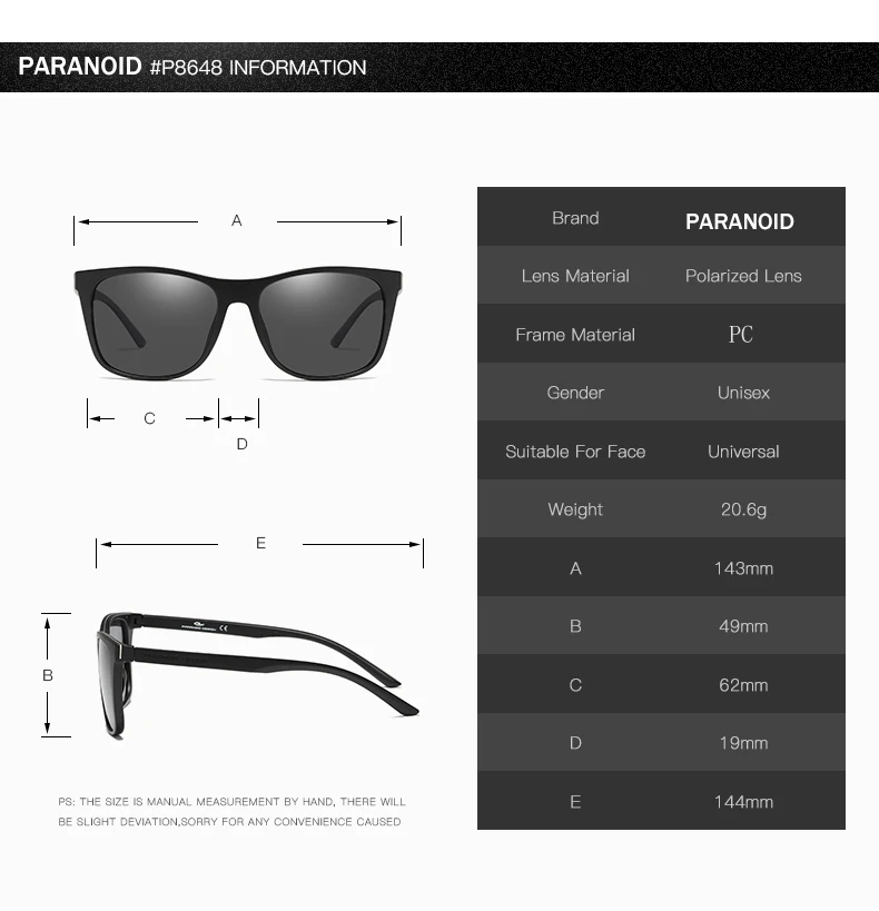 PARANOIDNE Letnik Polarizirana sončna Očala, moška sončna Očala Za Moške Vožnje Črni Kvadrat Oculos Moški 8 Barv Model 8648 P8648