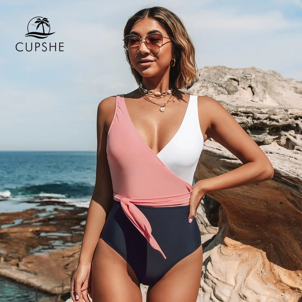 CUPSHE PROTI-vrat Čipke enodelne Kopalke Seksi Roza Bela Colorblock Ženske Monokini 2021 Nova Dekleta na Plaži, Kopalne Obleke, Kopalke