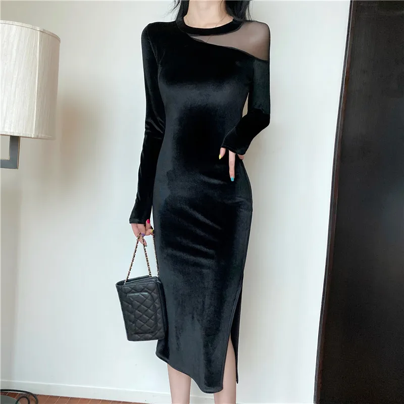 Pravi strel seksi šivanje očesa split zlato žametno črno obleko 2019 novo modno oblikovanje obleko