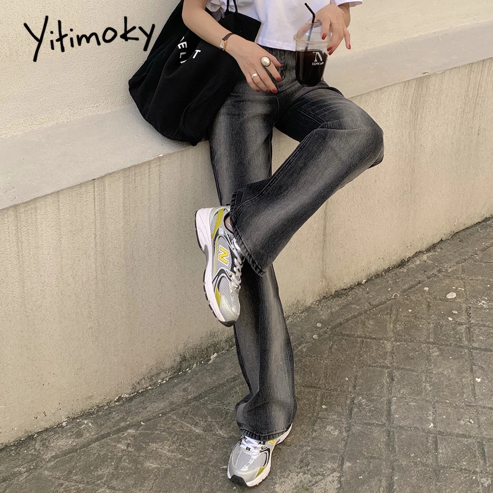Yitimoky širok noge jeans ženska črna visok pas, jeans mozaik naravnost traper hlače ulične svoboden priložnostne oversize hlače