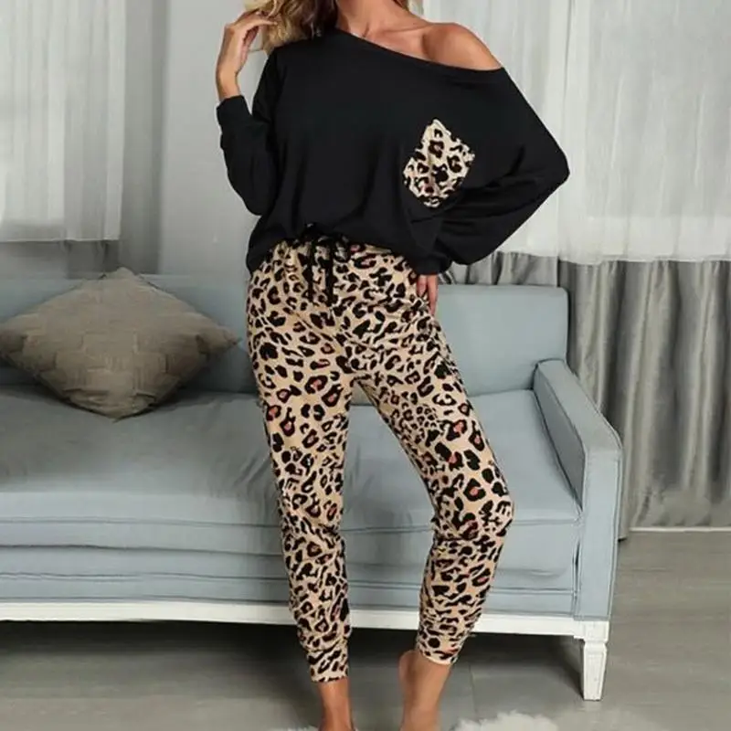 ZITY 2020 Leopard Homewear Obleke, Ženske Jeseni Priložnostne Majice Vrvico Sweatpants Salon Nositi Modni Pajama Določa Elastična