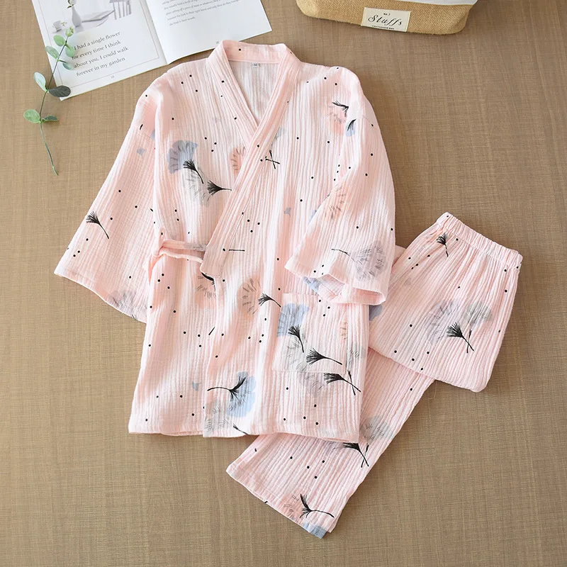 Pomlad in Poletje Čista Bombažna Preja Kimono Pižamo Proti-Vrat Tiskanje Plus Velikost Pijama Mujer Loungewear Ženske 2 Kos Sleepwear