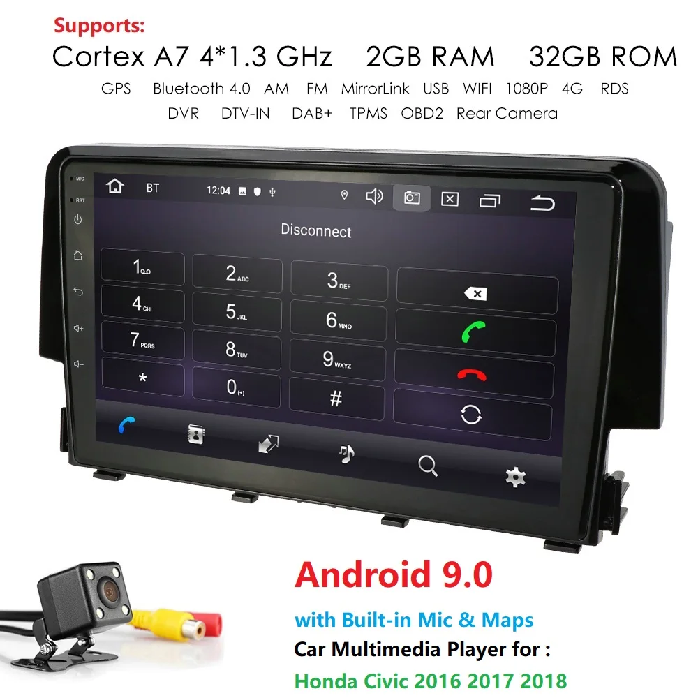 Ossuret Avto Multimedia Player Android 9.0 za Honda Civic 2016 2018 2018 Quad Core 9