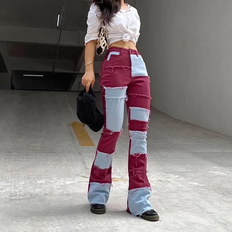 IAMSURE Colorblock Visoko Pasu Priložnostne Jeans Hlače Ženske 2020 Nove Ulične Mode Mozaik Y2K Ženski Boot Cut Hlače
