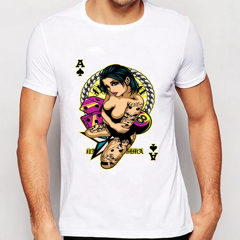 2019 Novih Moških Kratek Rokav Lucky Lady Hazarder Tisk T-Shirt fant t-shirt Novost Poker Design Dve Seksi Dekle Tees Priložnostne Vrhovi