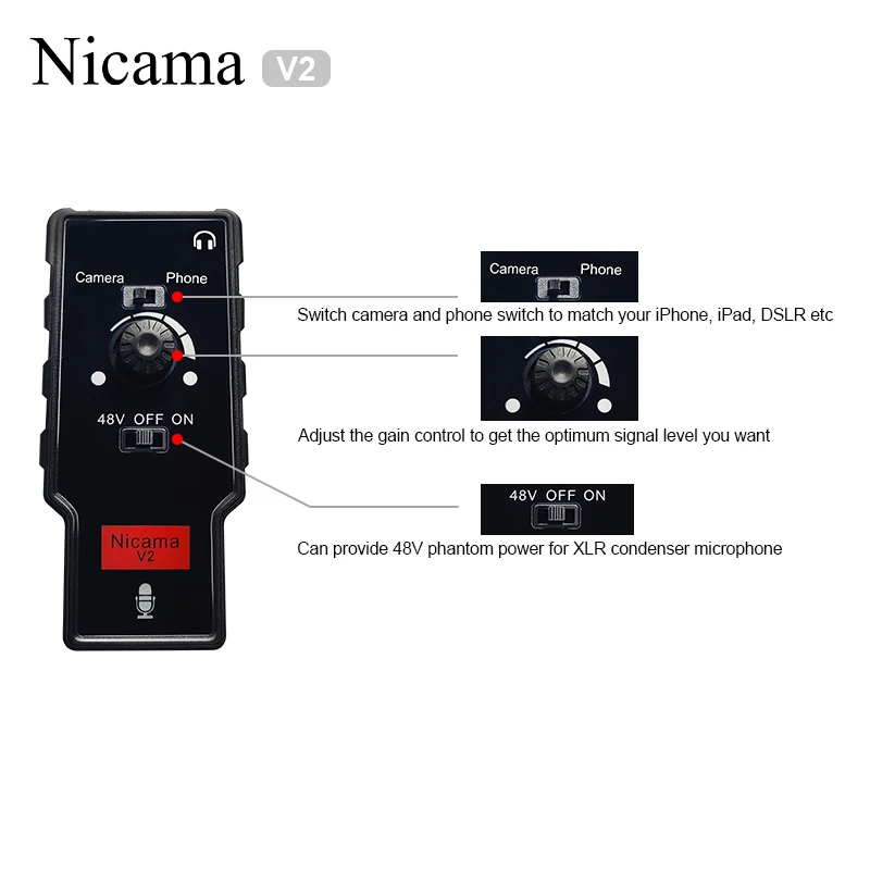 Nicama V2 XLR/Mikrofon Kitara Adapter z 48V Fantomsko Napajanje Mic dodatna Oprema Preamp Ojačevalnik za Pametni telefon iPad DSLR Fotoaparat