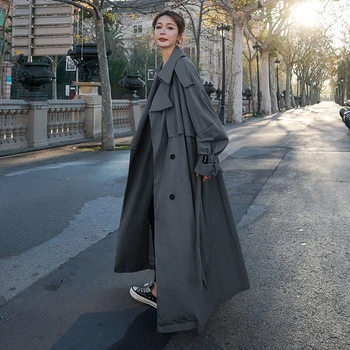 Korejski Slog Svoboden Prevelik X-Dolgo Žensk Jarek Plašč Dvojno Zapenjanje Obavijen Lady Plašč Windbreaker Pomlad Jesen Vrhnja oblačila Siva