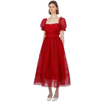 Novo Leto 2020, Poleti Rdeče Čipke Moda Dolgo Midi Obleka Ženske Puff Rokav Kvačkanje Votlih Iz Cvetlični Princesa Stranka Dresse