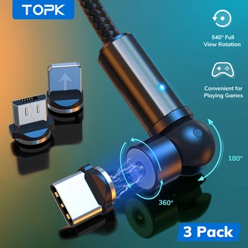 TOPK Magnetni Kabel 3 Pack 540 Vrtenje Micro USB Tip C Kabel Magnetni Polnjenje Polnilnik, Kabel Za iPhone 11 Samsung Xiaomi Huawei