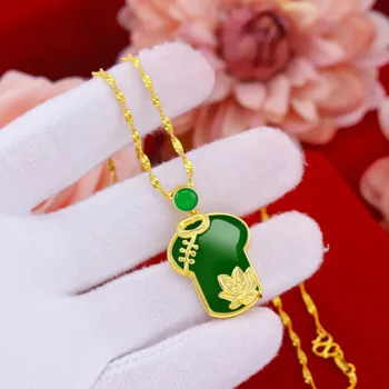 Korejski 24K Gold Veriga Ogrlico, Obesek za Ženske Gemstone Nakit Chalcedony Oblačila Green Jade Kamen Clavicle Ogrlica Darila
