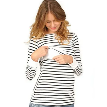 Dojenje Oblačila Nov Krog Vratu Multi-funkcionalne Nosečnice T-shirt Prugasta Dolgo sleeved zdravstvene Nege Vrh Porodniškega Oblačila