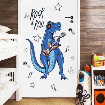 Rock Roll Dinozaver Stenske Nalepke za Otroke, Soba Risanka Živali Home Decor Art Viny PVC Ozadje Ustvarjalne Vrata Hladilnika Dekoracijo