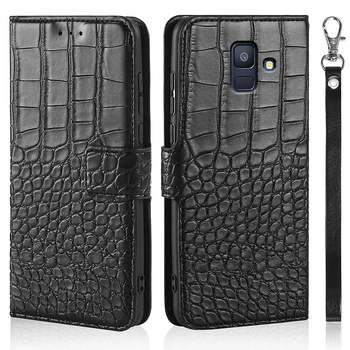 Luksuzni Flip Primeru za Samsung Galaxy A6 2018 A600 Kritje Krokodil Tekstura Usnja Oblikovanje Knjige Telefon Coque Capa S Traku Imetniki