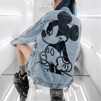 Disney Mickey Mouse Coats Priložnostne Prevelik Denim Jakna Ženske Risanka Grafiti Ohlapna Vrhnja Obleka Ženske Obleke Lady Jean Jakne