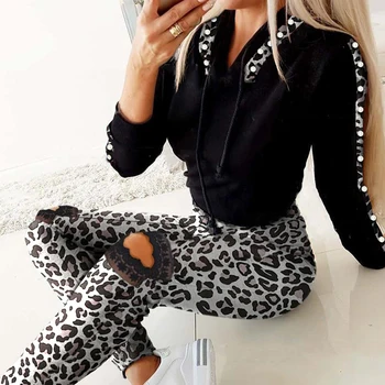 WEPBEL Ženske Hoodies Določa Sequined Šivanje Leopard Vrhovi Čipke Raztrgane Hlače Določa Oprtnice Dolgimi Rokavi Pulover Določa Priložnostne Obleko