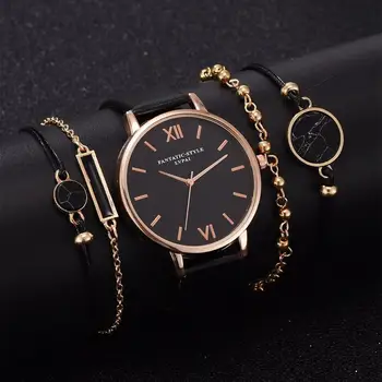 5pcs Set Top Modni Stil Žensk Luksuzno Usnje Pasu Analogna Quartz ročno uro Dame Watch Ženske obleke Reloj Mujer Črna Ura