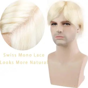 Moške Toupee Evropske Človeških Las Zamenjava Švicarski Mono Čipke z Močno PU Okoli Človek Hairpiece #613 Blond Barva 6