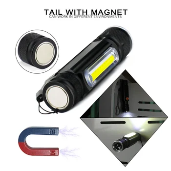 LED Polnilna Svetilka XML T6+COB Mini Usb Baklo 18650 Svetilka Z Magnetom Delo Svetlobe, Magnetni Linterna Taborjenje Luč