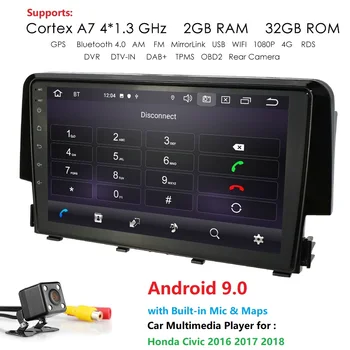 Ossuret Avto Multimedia Player Android 9.0 za Honda Civic 2016 2018 2018 Quad Core 9