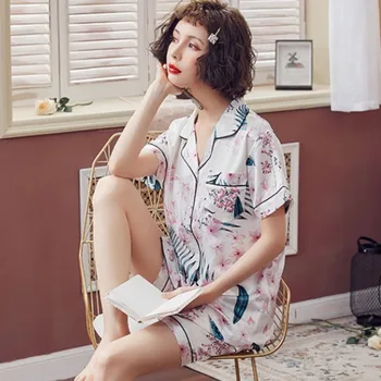 2020 Poletje Pižame Seksi Ledu Svile Ženske Pijama Mujer Verano Kratke 2 Kos Set Home Oblačila Plus Velikost Enotni-zapenjanje Tiskanje