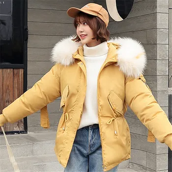 Zimski plašč ženske kratke slim zelena rumena plus velikost 2020 novi korejski modni bež toplino navzdol bombaž big krzno hooded parka LD1447