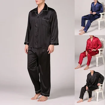 Pomlad In Poletje moška Classic Saten Pajama Long Sleeve Solid Color Sleepwear Velikosti Homeservice Imitacije Svile Čiste Barve