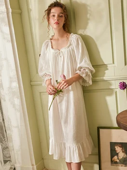 Vintage Bombaž Žensk Dolgo Sleepwear Pomlad Poletje Royal Princess Bele Čipke Dolgo Nightgowns Elegantno Obleko Noč