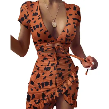 Leopard Natisniti Ženske Poletje Ruffles urezane Design Stranka Obleko Modne Proti-vrat Ruffle Stranka Mini Obleka Ženske Počitnice Plaža Obleko