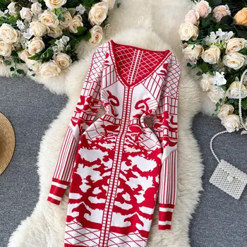 Teeuiear slim v vratu mozaik Jeseni Bodycon Pleteni Pulover kratko Obleko Zimo Stranka obleko Ženske priložnostne cvjetnim tiskanja obleko