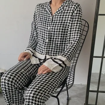 2020 Jesenska Moda za Ženske Sleepwear Pyjama Nastavite Mehko Udobno Viskoze Dolgo sleeved bo Ustrezala Neto Rdeče Houndstooth Tiskanja Domačo Rabo