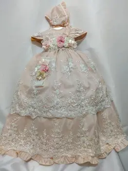 Šampanjec Baby Dekleta Dolgo Krst Obleke Dojenčka, Malčka Dekleta Krst Obleko s Pokrovom Novorojenčka S Cvetličnim Aplicirano