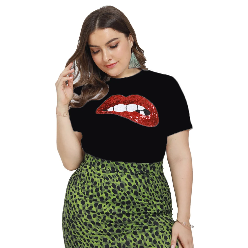 Prodajo Plus Velikost Vrhovi T-Shirt Za Ženske Rdeče Ustnice Tiskanja Dame Tshirt Vrhovi Poletje Moda Velik Obseg Ženske T-Shirt Tee Shirt D30