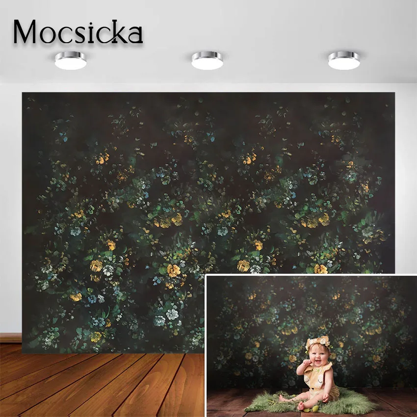 Mocsicka Cvetlični Ozadje za Fotografiranje Letnik Zelena Majhnimi Rumenimi Cvetovi Ozadje za Otroka, Novorojenčka Portret Studio