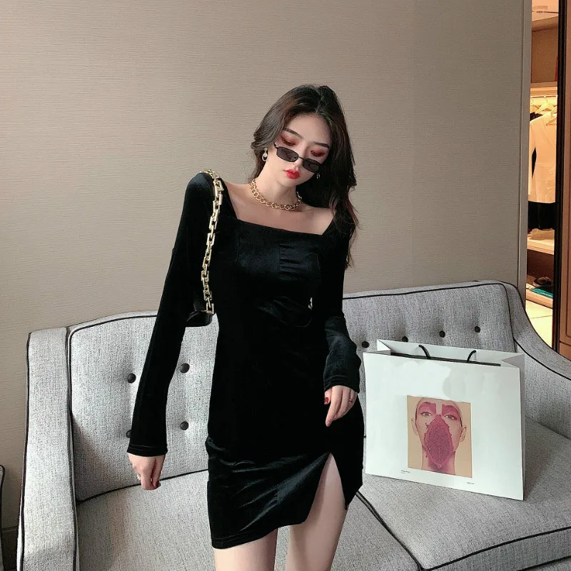 Črno Elegantno Mini Obleka Ženske Kvadratnih Ovratnik Gothic Dolg Rokav Slim Seksi Stranka Obleko Ženski enodelno Obleko korejski Jeseni leta 2020