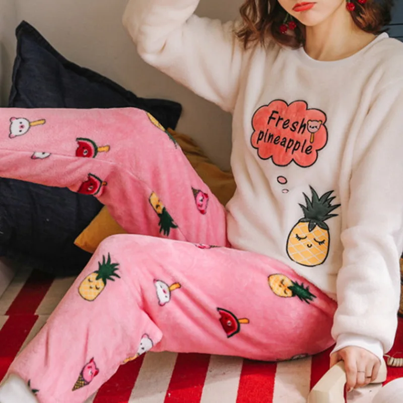 Nove Zimske Flanela toplo pižamo korejski kawaii risanka Pajama določi Modni pijama mujer Prosti čas Doma Krpo pižame ženske Sleepwear
