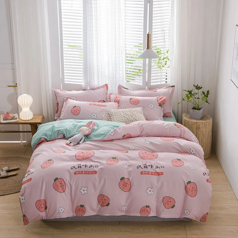 Denisroom Risanka Jagode posteljno perilo srčkan posteljnine komplet roza rjuhe kritje kompleti za dekleta, kralj, kraljica velikosti RE71*