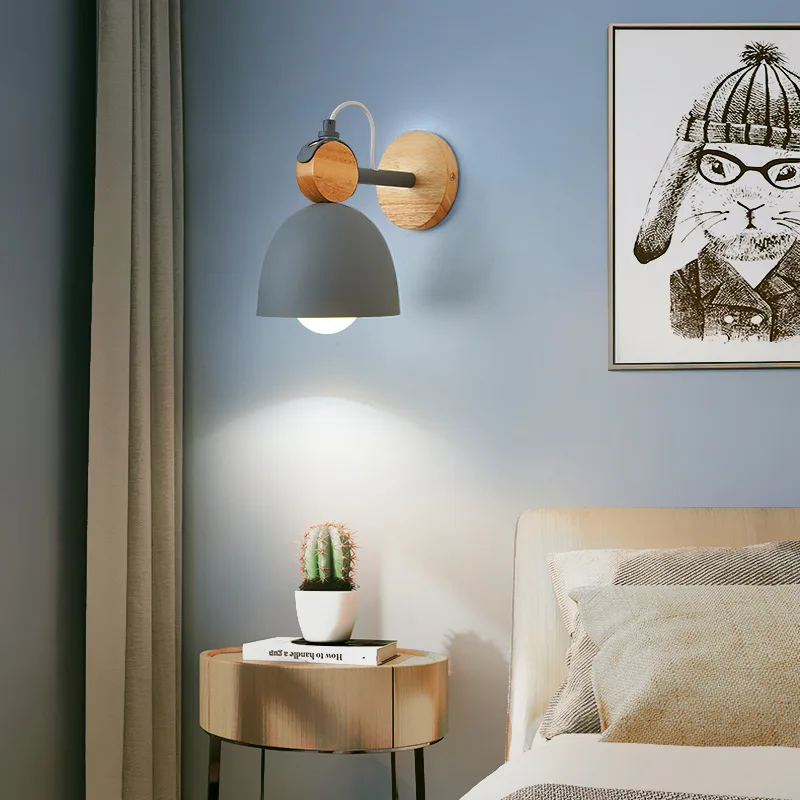 Nordijska Stenske Svetilke Železa Masivnega lesa Moderne Stenske luči okrogle LED stensko svetilko ob postelji soba, spalnica Svetilka Macarons Ustvarjalne Dekor