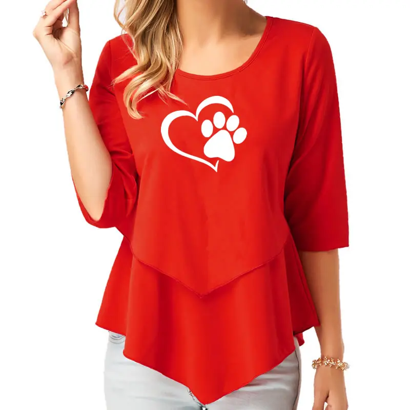 2021 Modni Pes Šapa Natisniti T-Shirt Žensk O-vratu Bombaž Vrhovi Pol Rokav Novih Nezakonitih Srčkan Tiskanje Femal Majica za Ženske