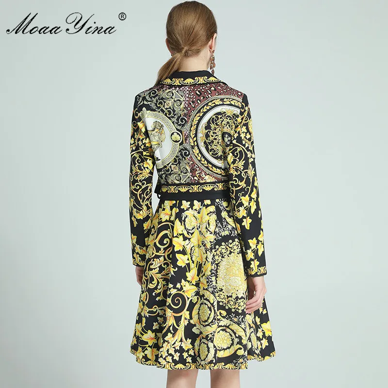 MoaaYina Modni Oblikovalec Windbreaker Suknji Jeseni, pozimi Ženske Long sleeve Vintage Baročno Cvjetnim Tiskanja čipke-up Suknji