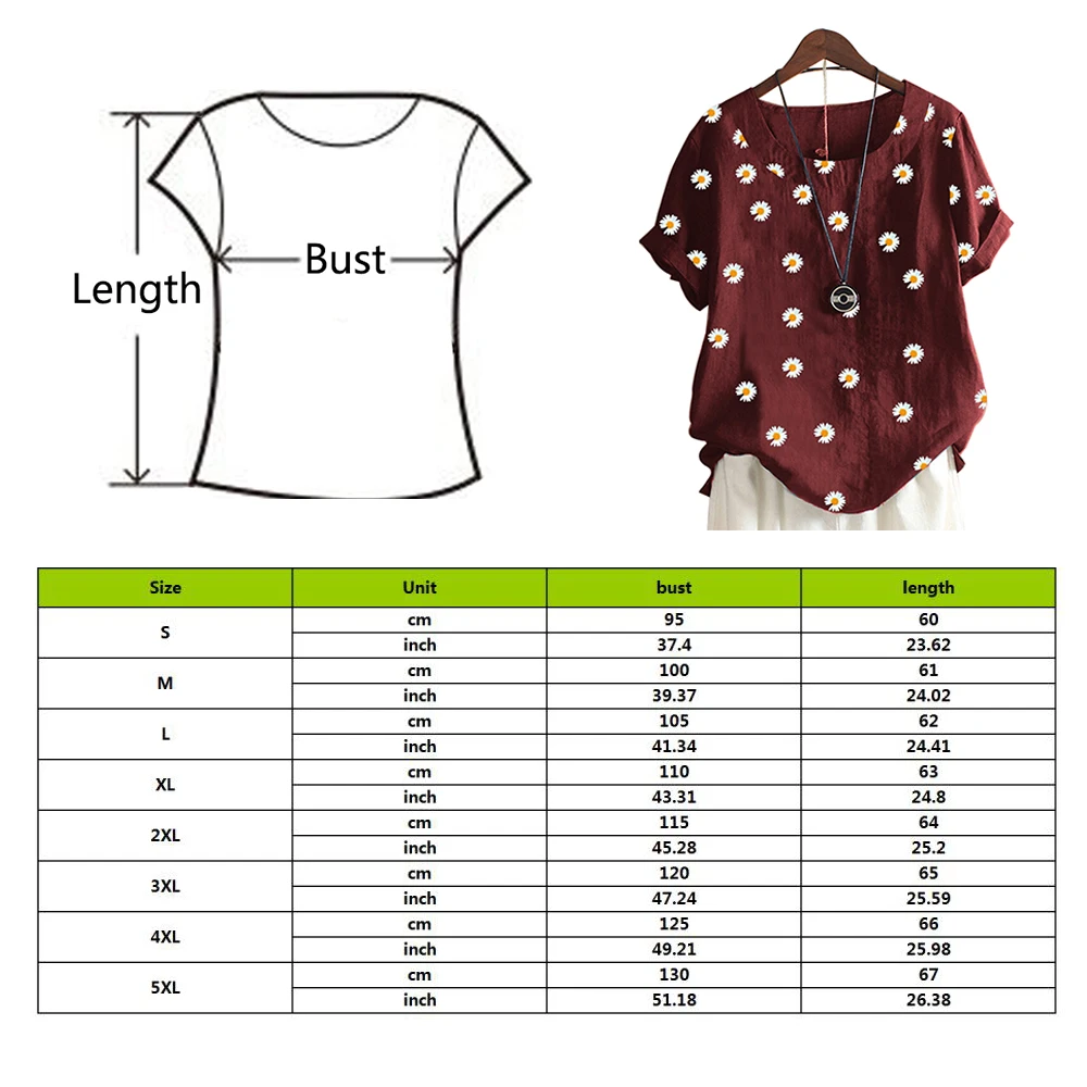 5XL Bombaž Perilo Bluze za Ženske do leta 2020 Poletje Daisy Print Majica Kratek Rokav Novo Plus Velikost O-vratu Gumbi Puloverju Ženski Top