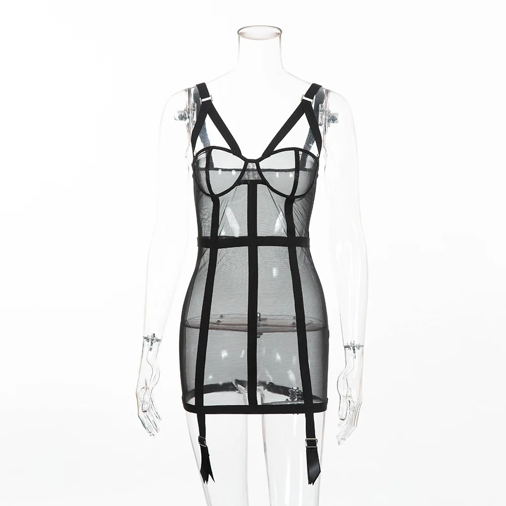 Black ženske seksi votlih vidika špageti trak prosojno obleko vidijo skozi obleko mini obleka 2019 padec kombinacija obleko
