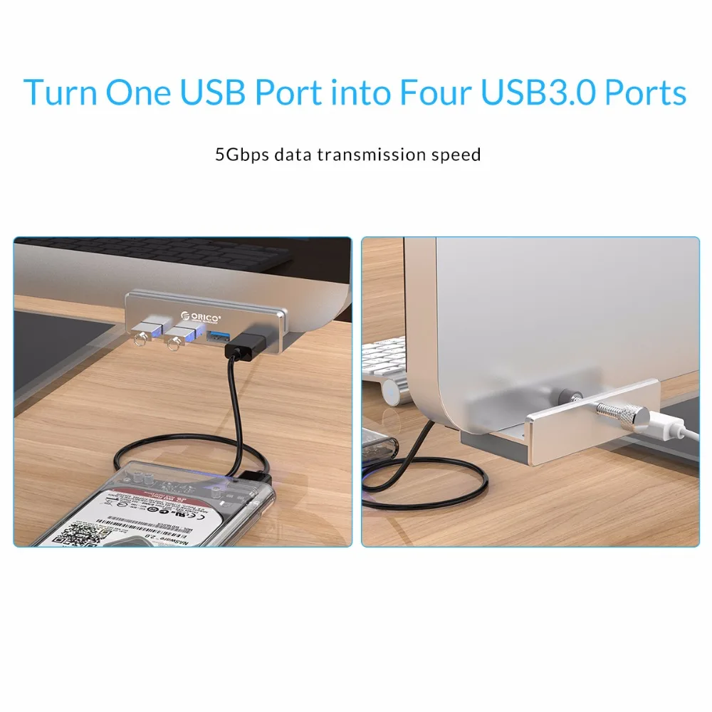 ORICO MH4PU Aluminija 4 Ports USB 3.0 Posnetka-type tocka Za Namizni Prenosni računalnik Posnetek Območju 10-32mm S 150 cm Datum Kabel - Srebrna